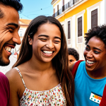 A vibrant group of diverse young people laughing and interacting during a community project in Lisbon, Portugal. Focus on their smiles and the collaborative atmosphere, showcasing the positive impact of sociocultural animation. Include elements of Portuguese culture in the background.