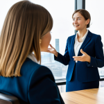 A young adult female in her early twenties, wearing a modest business casual blazer and blouse, actively listening to an experienced female mentor in her fifties, wearing a professional dress suit. They are seated at a sleek wooden conference table in a bright, modern office with large windows overlooking a city skyline. The mentor gestures towards a tablet, indicating a presentation on professional development. The atmosphere is encouraging and focused. fully clothed, appropriate attire, professional dress, safe for work, perfect anatomy, correct proportions, natural pose, well-formed hands, proper finger count, natural body proportions, professional photography, high quality, appropriate content, family-friendly.