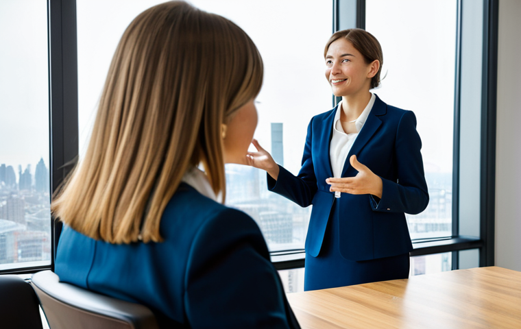 A young adult female in her early twenties, wearing a modest business casual blazer and blouse, actively listening to an experienced female mentor in her fifties, wearing a professional dress suit. They are seated at a sleek wooden conference table in a bright, modern office with large windows overlooking a city skyline. The mentor gestures towards a tablet, indicating a presentation on professional development. The atmosphere is encouraging and focused. fully clothed, appropriate attire, professional dress, safe for work, perfect anatomy, correct proportions, natural pose, well-formed hands, proper finger count, natural body proportions, professional photography, high quality, appropriate content, family-friendly.