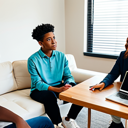 **

"A diverse group of fully clothed teenagers participating in an online counseling session via video call, led by a friendly professional, appropriate attire. The setting is a brightly lit, comfortable room. Safe for work, perfect anatomy, natural proportions, modest clothing, family-friendly, high resolution, professional illustration."

**