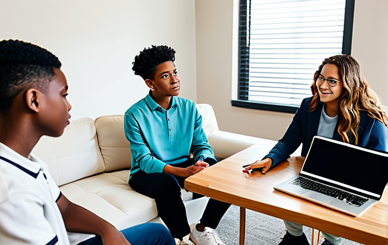 **
"A diverse group of fully clothed teenagers participating in an online counseling session via video call, led by a friendly professional, appropriate attire. The setting is a brightly lit, comfortable room. Safe for work, perfect anatomy, natural proportions, modest clothing, family-friendly, high resolution, professional illustration."
**