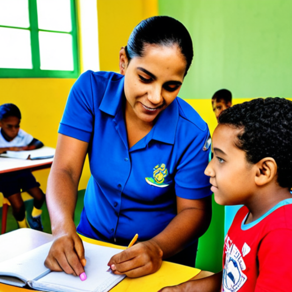 Community Educator**

"A dedicated social educator, fully clothed in appropriate attire, working with children in a vibrant community center in Rio de Janeiro. The scene shows the educator assisting a child with their homework. The atmosphere is warm and supportive. Safe for work, appropriate content, professional, family-friendly, perfect anatomy, correct proportions, natural pose, well-formed hands, proper finger count, natural body proportions, high quality, bright colors."

**