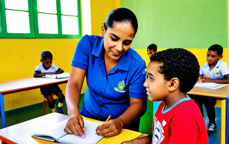 Community Educator**

"A dedicated social educator, fully clothed in appropriate attire, working with children in a vibrant community center in Rio de Janeiro. The scene shows the educator assisting a child with their homework. The atmosphere is warm and supportive. Safe for work, appropriate content, professional, family-friendly, perfect anatomy, correct proportions, natural pose, well-formed hands, proper finger count, natural body proportions, high quality, bright colors."

**