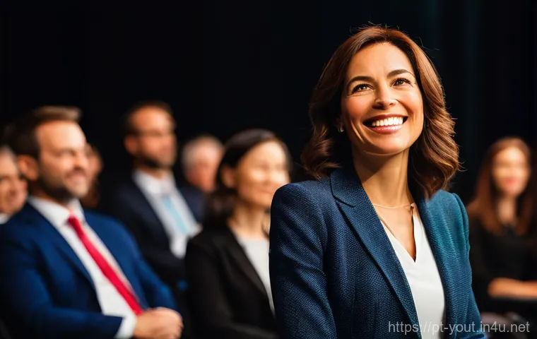 청소년지도사로서의 대중 강연 경험 - **Prompt:** A dynamic, inspiring female speaker in her late 30s, dressed in a sharp business casual ...