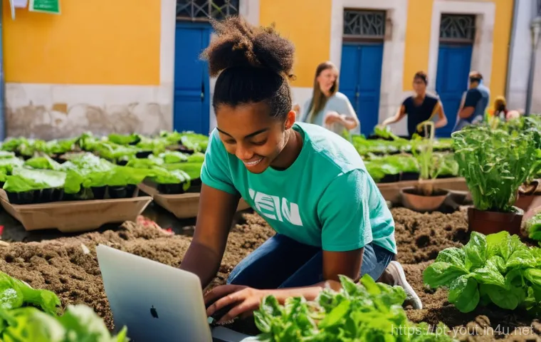 청소년지도사와 지역사회 자원봉사 연계 - Image Prompt 1: The Digital-Native Volunteers of Lisbon's Urban Garden**