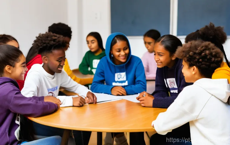 청소년지도사와 청소년 다문화 이해 프로그램 - **Prompt:** A heartwarming and vibrant scene inside a modern community center in Lisbon, Portugal. A...