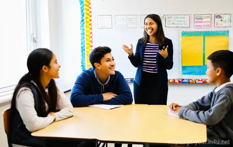 청소년지도사와 청소년 다문화 교육 사례 - **Prompt:** A vibrant, diverse classroom filled with enthusiastic teenagers from various cultural ba...