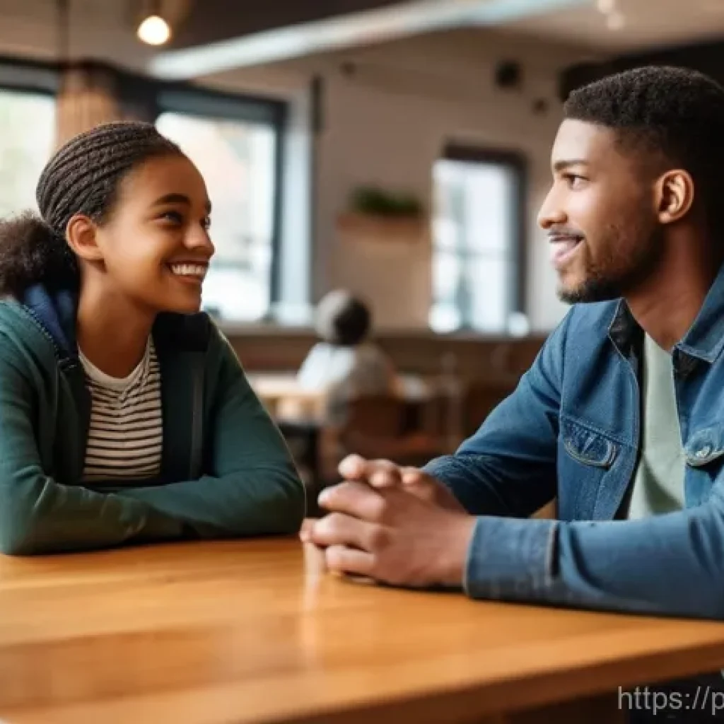 청소년지도사로서의 의사소통 능력 키우기 - **Prompt:** A warm and inviting scene depicting an adult leader attentively listening to a diverse t...