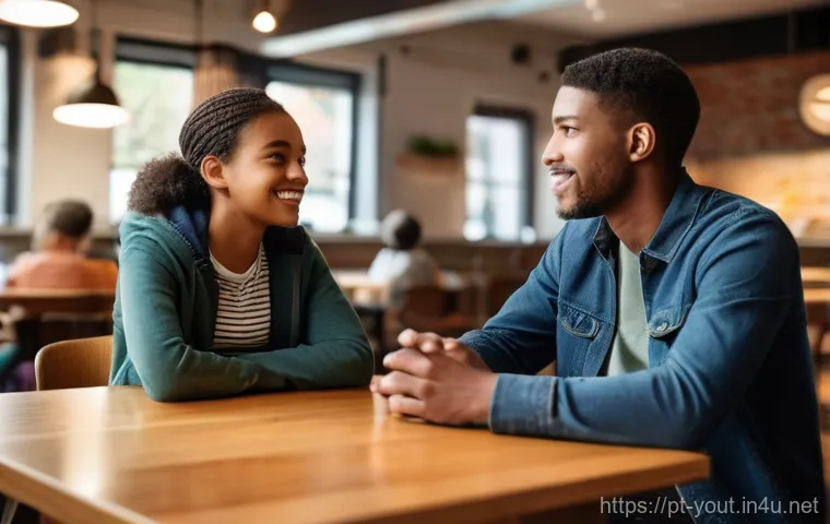청소년지도사로서의 의사소통 능력 키우기 - **Prompt:** A warm and inviting scene depicting an adult leader attentively listening to a diverse t...