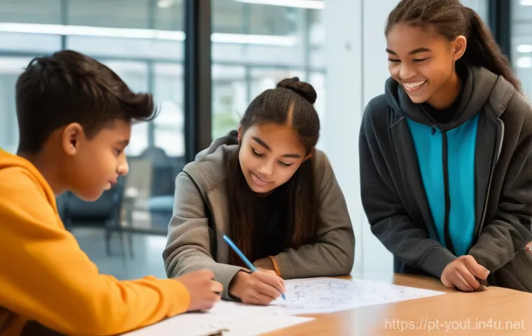 청소년지도사와 청소년 비전 워크샵 - **Guiding the Path of Discovery:**
A vibrant, sunlit scene featuring a diverse group of four tee...