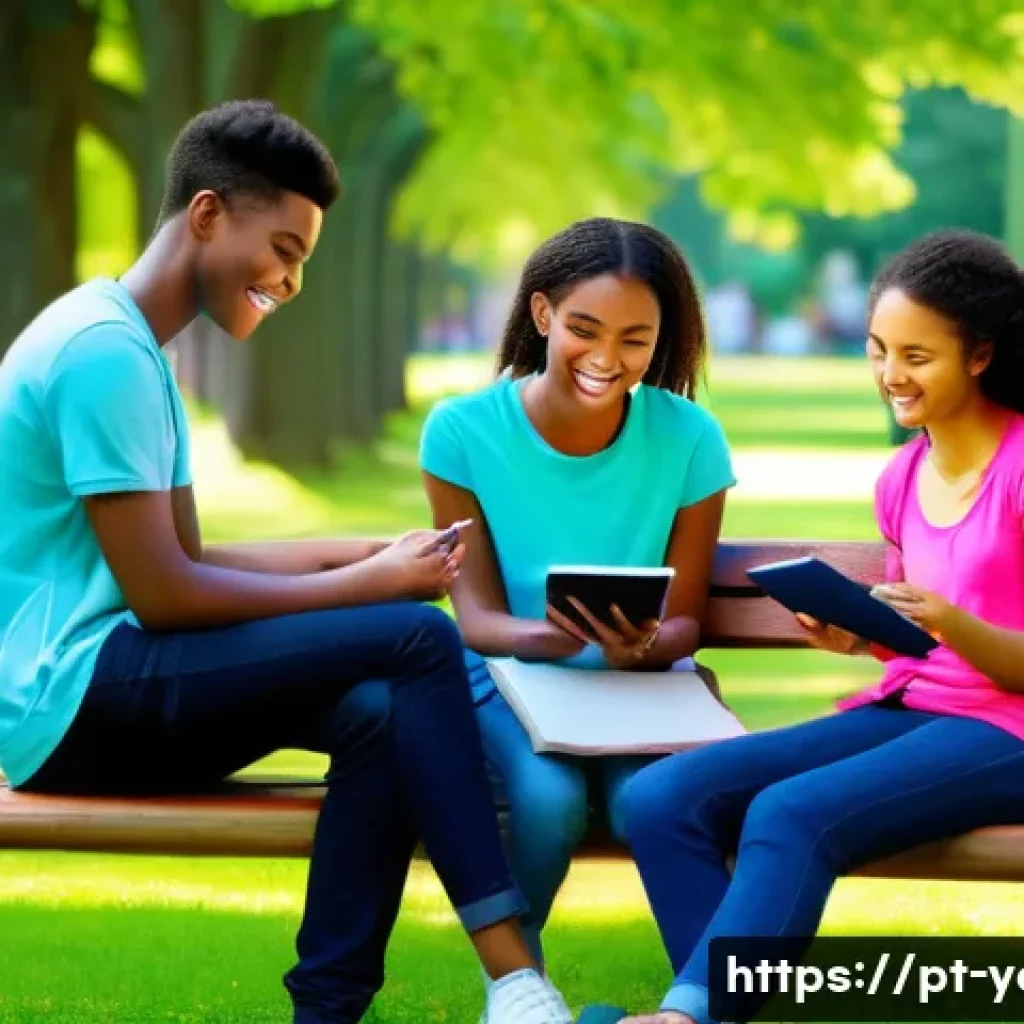 청소년지도사와 청소년 교육 심리 활용 - **Prompt 1: Digital Balance and Real-World Connection**
    "A diverse group of cheerful teenagers, ...