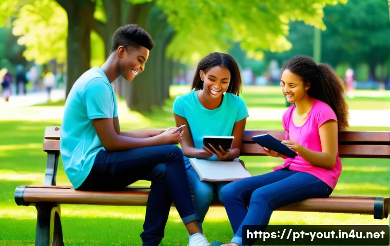 청소년지도사와 청소년 교육 심리 활용 - **Prompt 1: Digital Balance and Real-World Connection**
"A diverse group of cheerful teenagers, ...