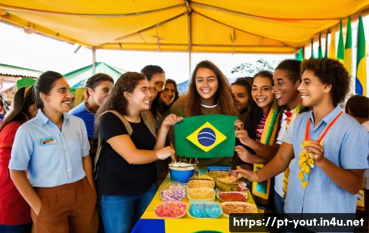 청소년지도사로서의 봉사활동 참여 사례 - A vibrant community center scene in Brazil showing a diverse group of teenagers and young adults par...