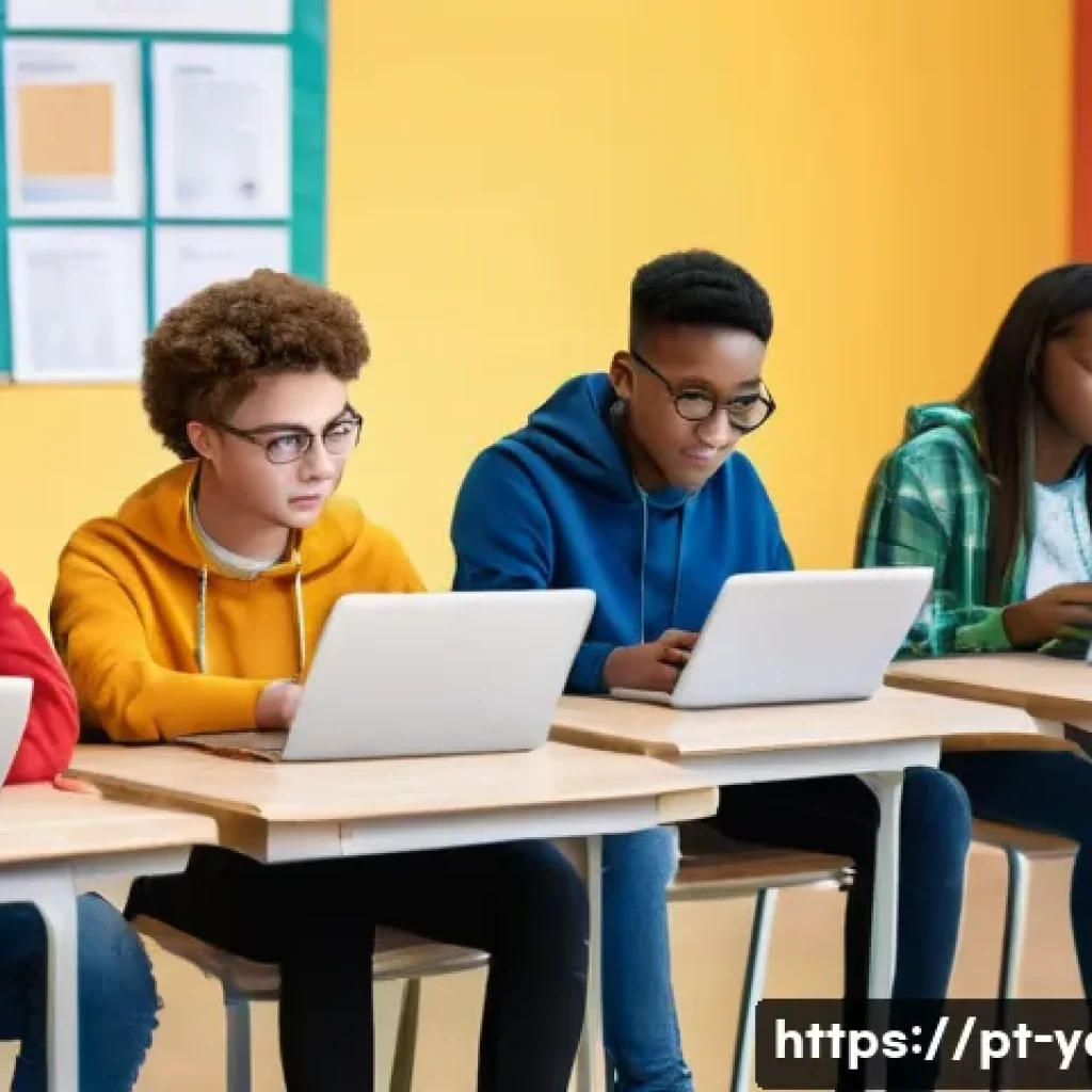 청소년지도사와 청소년 미디어 교육 사례 - A diverse group of teenagers in a modern classroom setting, engaging in a digital media literacy wor...