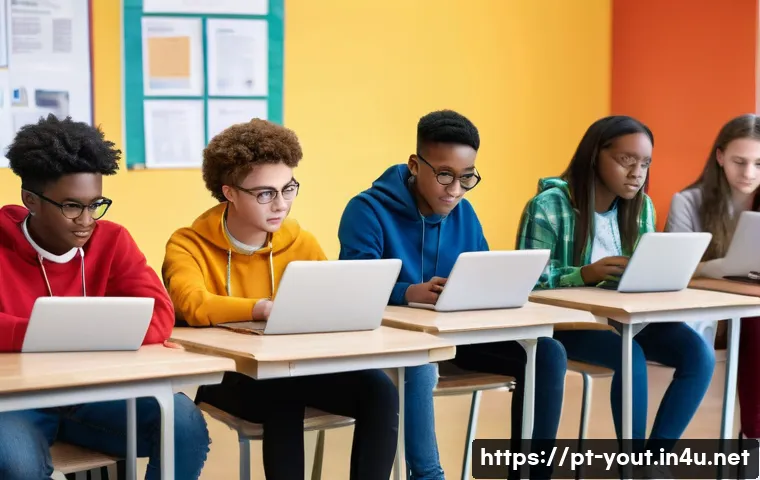 청소년지도사와 청소년 미디어 교육 사례 - A diverse group of teenagers in a modern classroom setting, engaging in a digital media literacy wor...
