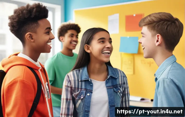 청소년지도사와 청소년의 성격 유형별 접근 사례 - A lively classroom scene featuring a diverse group of extroverted teenagers actively engaged in a gr...