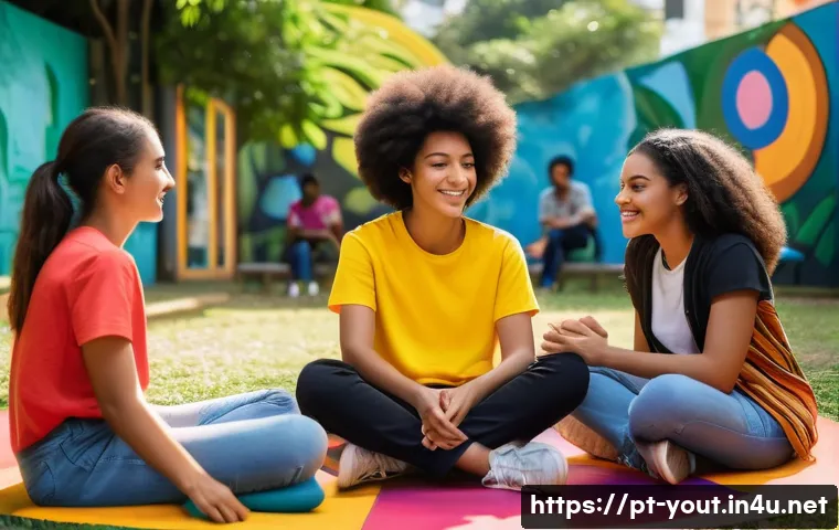 청소년지도사와 청소년 정신건강 프로그램 - A diverse group of Brazilian adolescents aged around 14-16, wearing casual clothing and engaging in ...