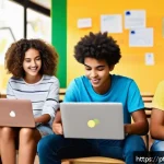 청소년지도사 업무용 도구 추천 - A vibrant digital classroom scene showing diverse Brazilian teenagers wearing casual clothes and sit...