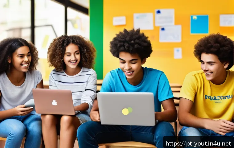 청소년지도사 업무용 도구 추천 - A vibrant digital classroom scene showing diverse Brazilian teenagers wearing casual clothes and sit...