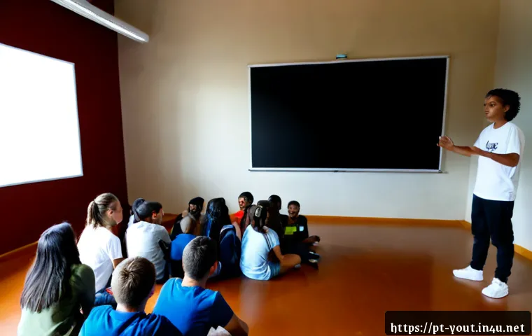 Home 17 청소년지도사 직무에서의 프레젠테이션 스킬 - Photorealistic youth program facilitator in Portugal delivering a confident presentation to a small ...